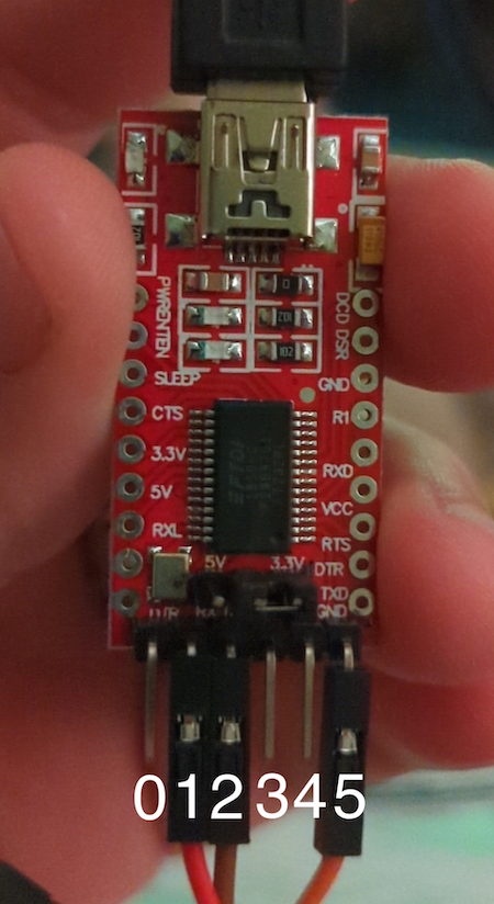An image of the FTDI I used, with pins labeled with numbers.