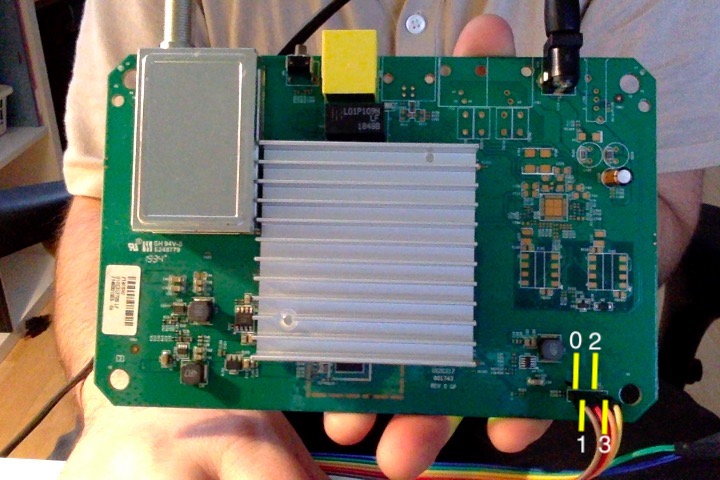 An image of the circuit board of the CM500. The pin headers are labled with numbers.